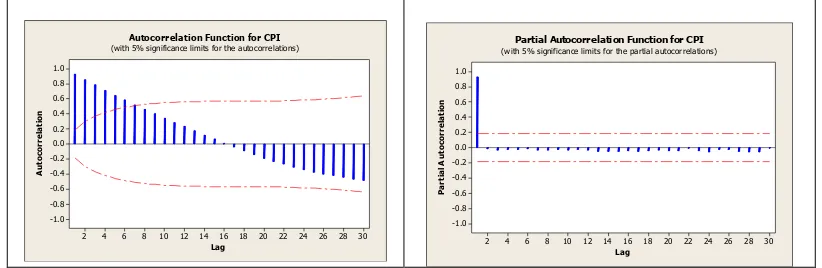 Figure 3. Plots of ACF and PACF of CPI data 