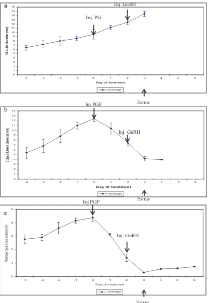 Grafik 2. Perkembangan folikel (a), korpus luteum (b) dan kadar progesteron plasma setelah pemberian PG-GnRH 