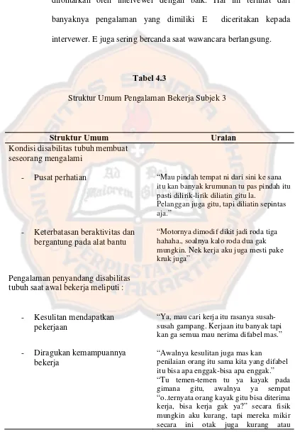 Tabel 4.3 Struktur Umum Pengalaman Bekerja Subjek 3 