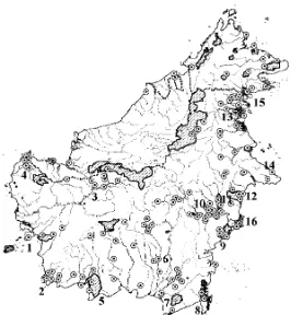 Gambar 4  Peta Persebaran Bekantan di Pulau Kalimantan. Titik-titik pada 