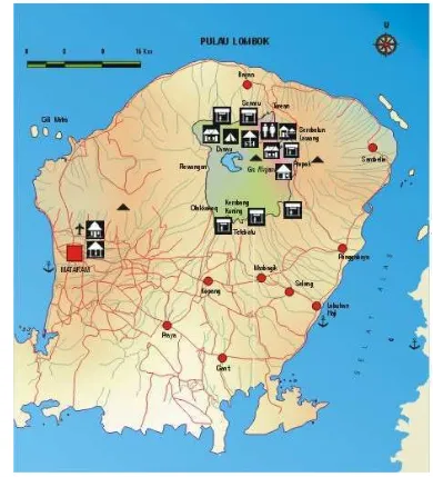 Gambar 1 Peta pulau Lombok dengan TNGR dan lokasi obyek wisatanya. 