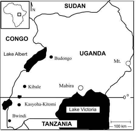 Figure 1. Outline map of Uganda. Black dots show the forests of the Albertine Rift