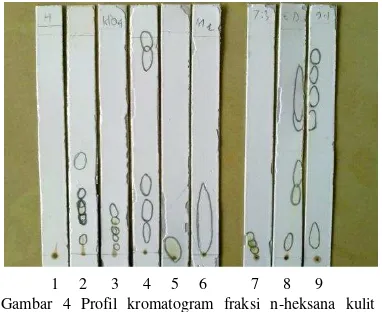 Gambar 4 Profil kromatogram fraksi n-heksana kulit batang dengan berbagai eluen: nheksana (1), diklorometana (2), kloroform (3), etil asetat (4), aseton (5), metanol (6),dan eluen campuran etil asetat:diklorometana 7:3, 4:1, dan 9:1 (7, 8, dan 9)