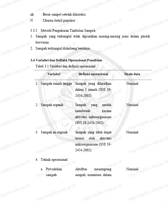 Tabel 3.1 Variabel dan definisi operasional  Definisi operasional Sampah yang dihasilkan http://digilib.unej.ac.idhttp://digilib.unej.ac.id