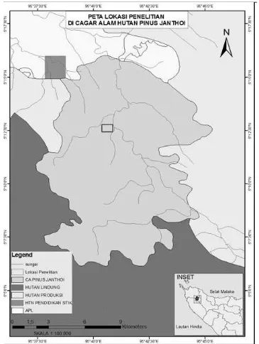 Gambar 1. Peta lokasi penelitian di kawasan Cagar Alam Hutan Pinus Jantho