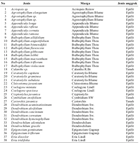 Tabel 1. Daftar jenis anggrek yang dijumpai di loop trail Cikaniki-Citalahab, TNGHS