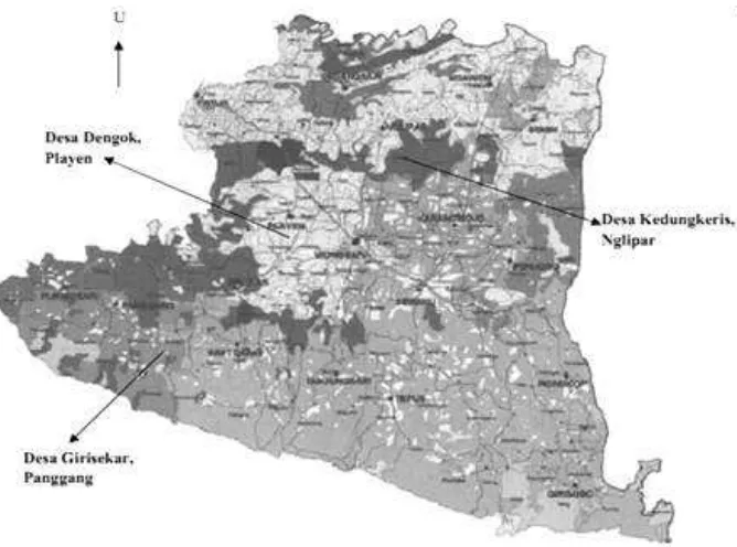 Gambar 1. Peta tempat pengambilan sampel pohon jati di tiga tempat hutan rakyat di Kabupaten Gunungkidul