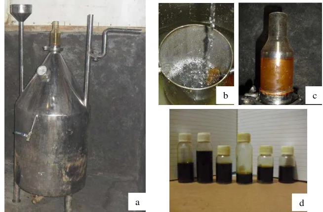 Gambar 17. Kondisi umum prototipe separator IPB (a) prototipe separator IPB, (b) air buangan separator, (c) minyak yang terkumpul setelah terpisah dengan air, (d) beberapa sampel loss minyak   