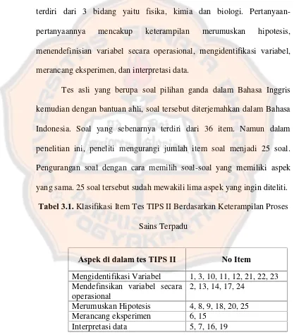 Tabel 3.1. Klasifikasi Item Tes TIPS II Berdasarkan Keterampilan Proses