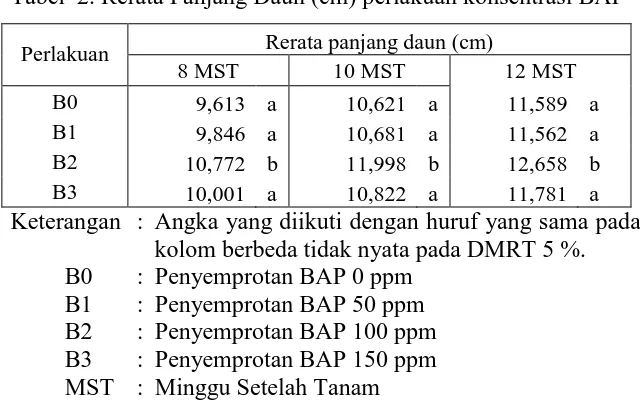 Tabel  2. Rerata Panjang Daun (cm) perlakuan konsentrasi BAP 