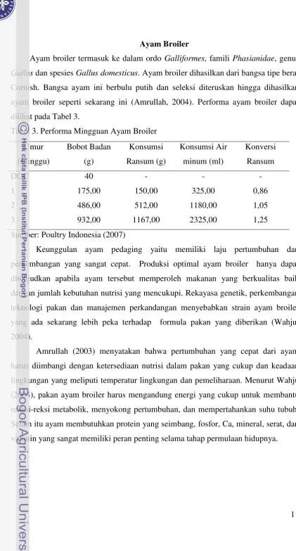 Tabel 3. Performa Mingguan Ayam Broiler 