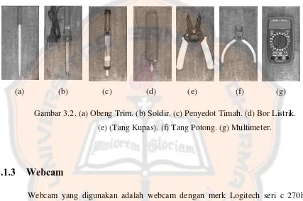 Gambar 3.2. (a) Obeng Trim. (b) Soldir. (c) Penyedot Timah. (d) Bor Listrik.  