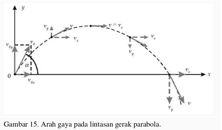 Gambar 15. Arah gaya pada lintasan gerak parabola. 