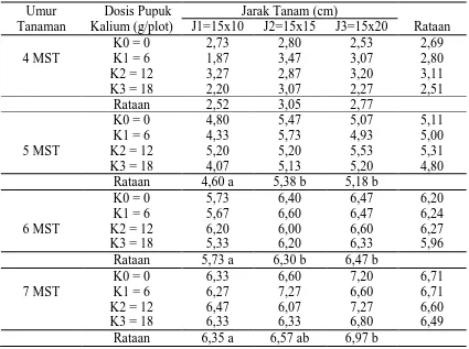 Tabel 2. Jumlah cabang primer (cabang) bengkuangpada beberapa dosis kaliumdan jarak tanamumur  4, 5, 6, dan 7MST 
