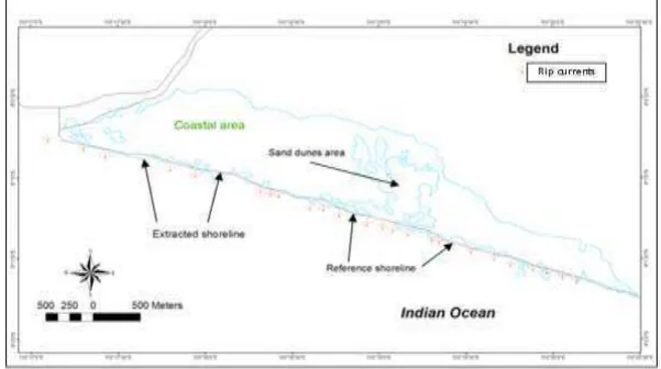 Figure 19. Shoreline extraction of 17  th June PALSAR on Reference Shoreline 1999 and Rip Currents Occurrence 2006 