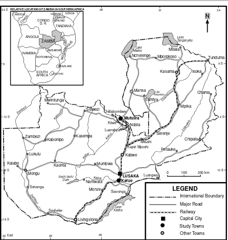 Figure 1. Map of Zambia showing the study towns of Mufulira and Kafue (Adapted from Kapungwe, 2011) 