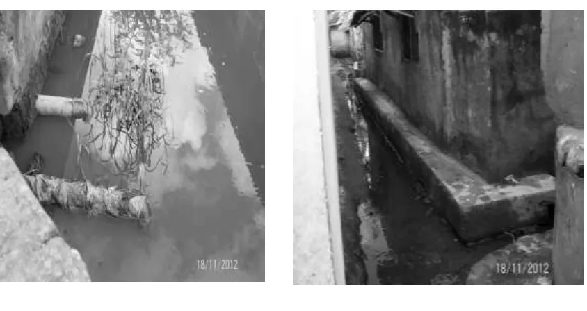 Figure 6. a) Pipe from a pit-latrine directed to a stream and b) Water lodging in drainage channel constructed by individual households 