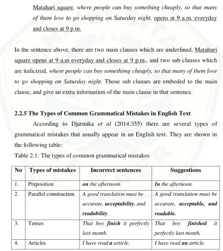 Table 2.1: The types of common grammatical mistakes 