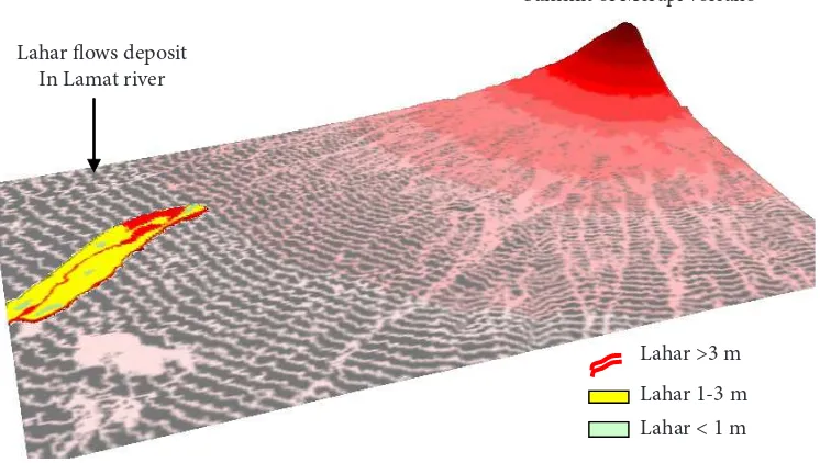 Figure 1. he JSAS simulation result of distribution and depth lahar lows. (Itoh, 2000)