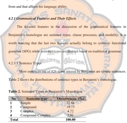 Table 2 shows the distributions of sentence types in Benjamin’s monologue. 