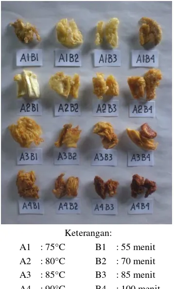 Gambar 13. Keripik durian hasil penggorengan vakum kombinasi perlakuan suhu dan waktu yang berbeda 