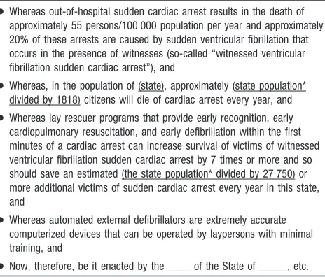 TABLE 1.Preamble for State Legislation Supporting CommunityLay Rescuer Automated External Defibrillation Programs