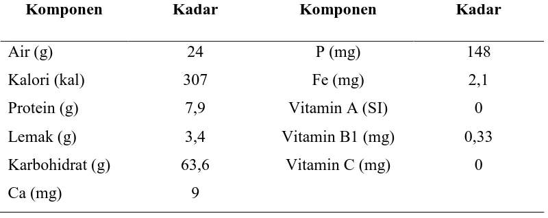 Tabel 2.2.Kandungan Komponen dalam 100 g Jagung  Putih Panen Baru 