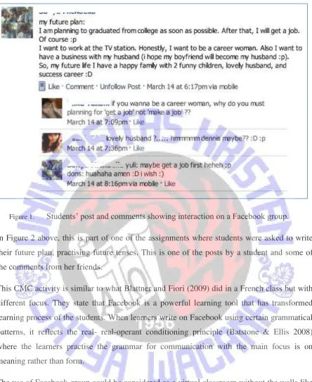 Figure 1. Students‟ post and comments showing interaction on a Facebook group. In Figure 2 above, this is part of one of the assignments where students were asked to write 