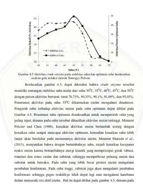 Gambar 4.5 Aktivitas crude enzyme pada stabilitas suhu dan optimum suhu berdasarkan