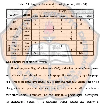 Table 2.1. English Consonant Chart (Fromkin, 2003: 54)
