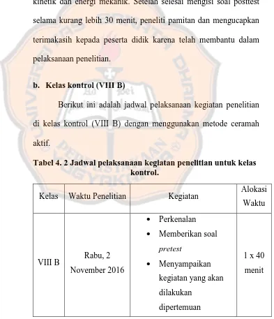 Tabel 4. 2 Jadwal pelaksanaan kegiatan penelitian untuk kelas kontrol. 