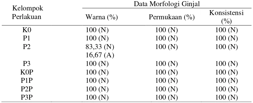 Tabel 4.1. Data morfologi ginjal mencit jantan setelah pemberian ekstrak segar   