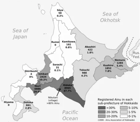 Figure 1. Map of Ainu in Hokkaido [1999] (Source: Platon, 2013)