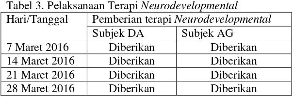 Tabel 3. Pelaksanaan Terapi Neurodevelopmental 
