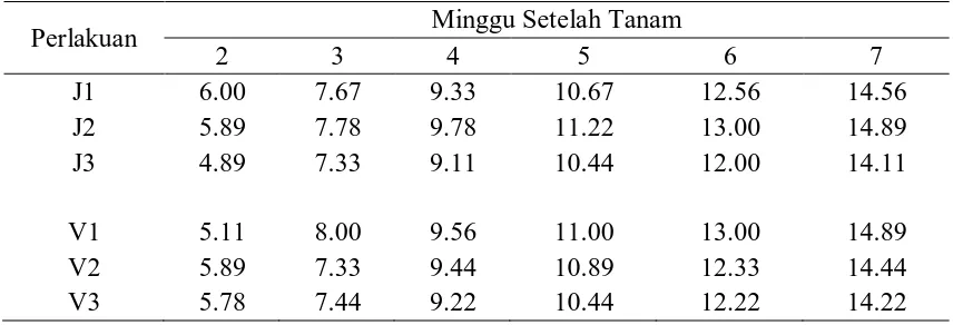 Tabel 2. Rataan Perbedaan Jumlah Daun Tanaman Jagung (helai) dari Tingkat Kerapatan dan Varietas  