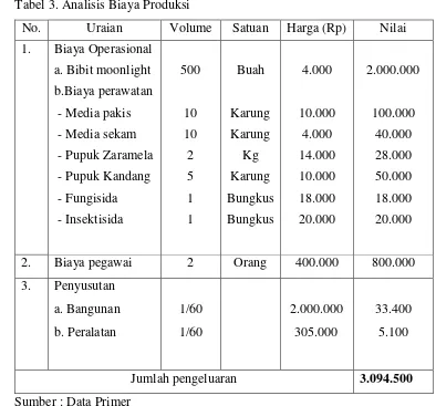 Tabel 3. Analisis Biaya Produksi 