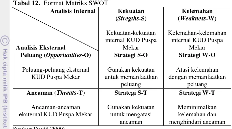 Tabel 12.  Format Matriks SWOT 