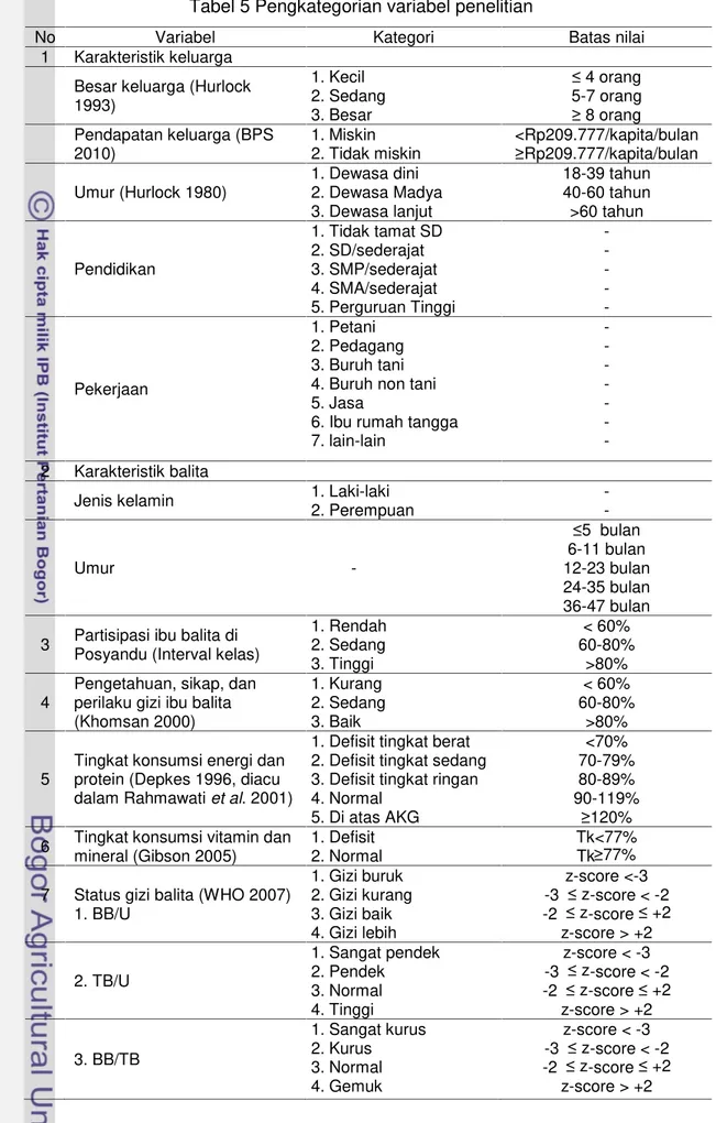 Tabel 5 Pengkategorian variabel penelitian