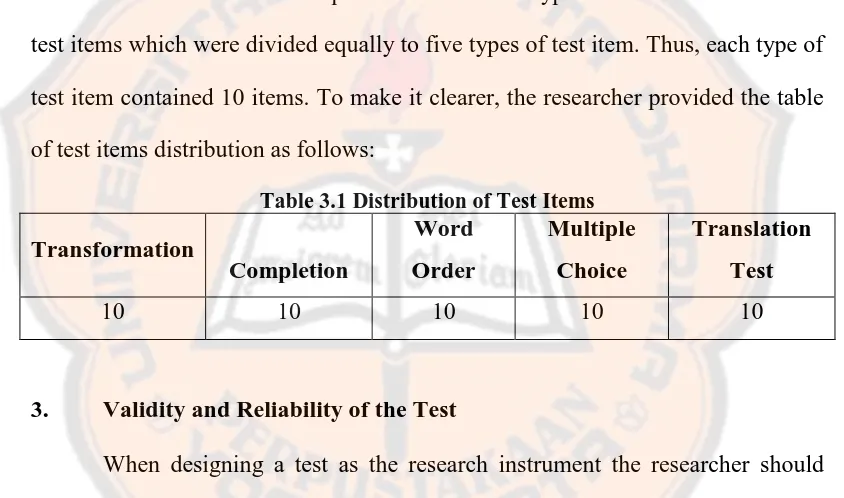 Table 3.1 Distribution of Test Items Word Multiple 