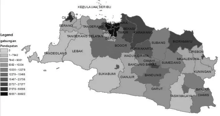 Figure 2.  Income per capita of the districts/cities in the western region of java 
