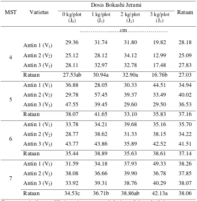Tabel 1. Pertambahan panjang tanaman 4-7 MST dengan perlakuan varietas dan pemberian berbagai dosis bokashi jerami padi 