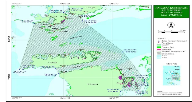 Gambar  3. Letak 8 kawasan DPL Distrik Meosmansar dalam peta  Kawasan Konservasi Laut Daerah  (KKLD) Selat Dampir