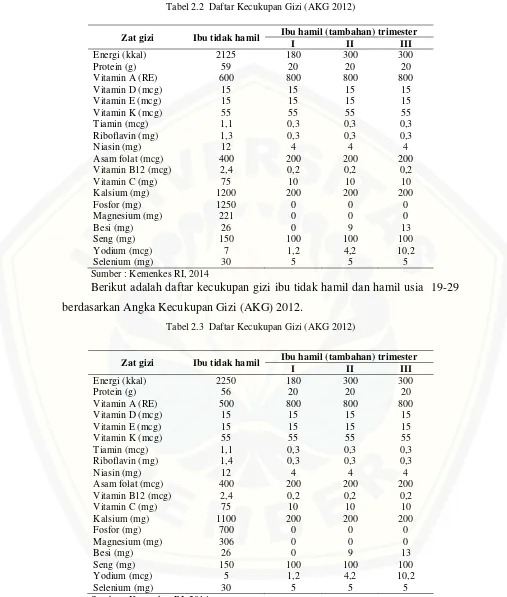 Tabel 2.2  Daftar Kecukupan Gizi (AKG 2012) 
