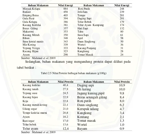 Tabel 2.4 Nilai Energi berbagai bahan makanan (g/100g) 
