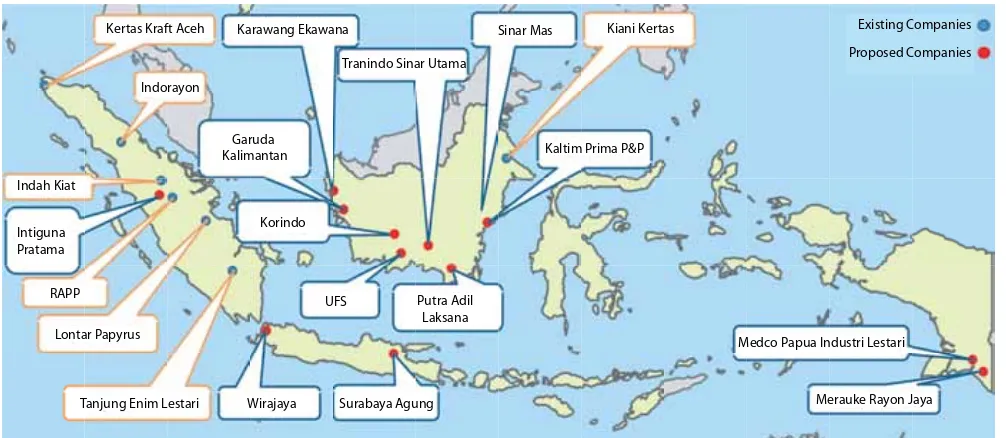 Figure 3. Existing and planned pulp and paper mills in Indonesia