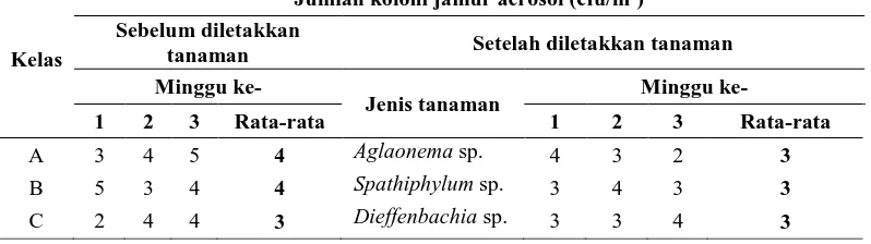 Tabel 2. Jumlah koloni jamuraerosol sebelum dan setelah tanaman diletakan 