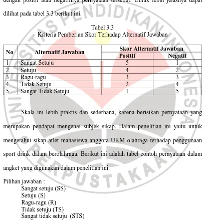 Tabel 3.3 Kriteria Pemberian Skor Terhadap Alternatif Jawaban 