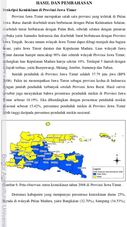 Gambar 6  Peta observasi status kemiskinan tahun 2008 di Provinsi Jawa Timur. 