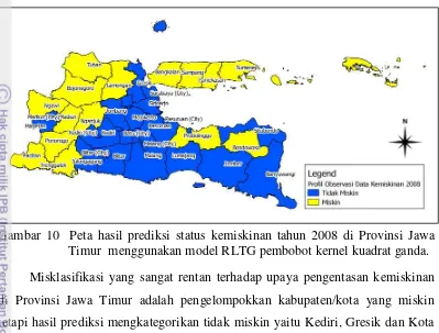 Gambar 10  Peta hasil prediksi status kemiskinan tahun 2008 di Provinsi Jawa 