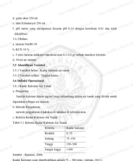 Tabel 3.1 Kriteria Kadar Kalsium Air Tanah http://digilib.unej.ac.idhttp://digilib.unej.ac.idhttp://digilib.unej.ac.idhttp://digilib.unej.ac.id